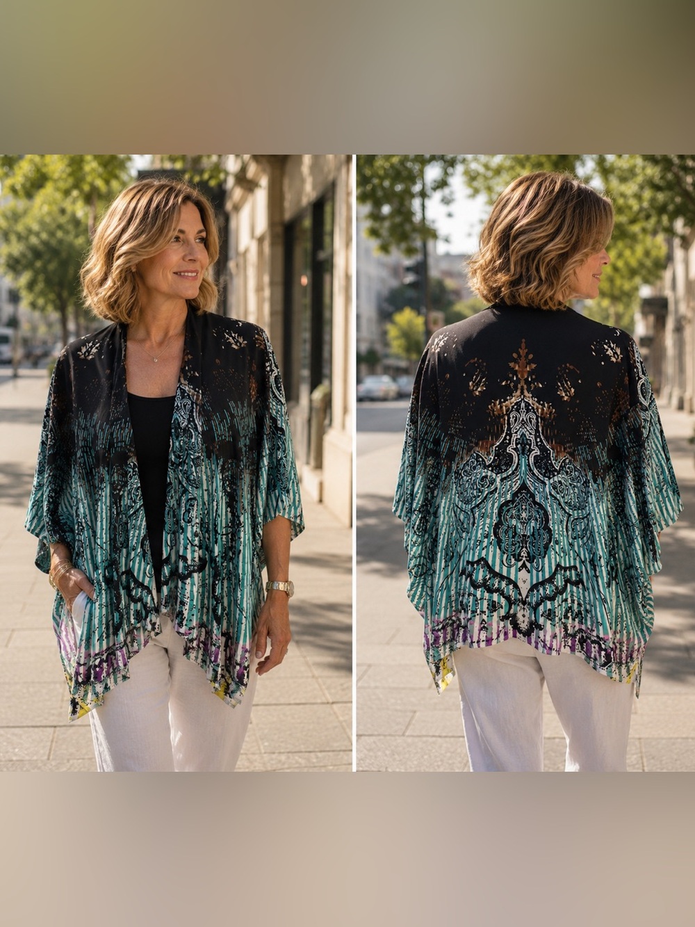 Etro Black and Teal Printed Silk open front top L